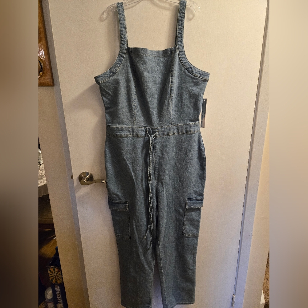 Tinseltown Belted Denim Jumpsuit with Zip and Pockets Square Neck Sleeveless XXL